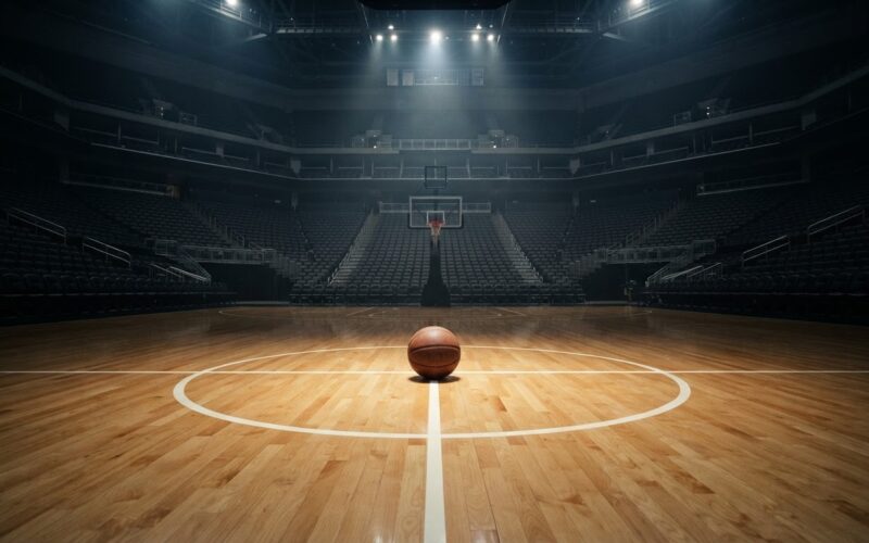 Empty indoor basketball arena with a single ball at center court under overhead spotlights, illustrating the 2026 WNBA trade deadline
