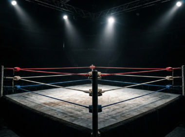 An empty wrestling ring under dramatic spotlights in a dark arena