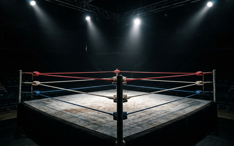 An empty wrestling ring under dramatic spotlights in a dark arena