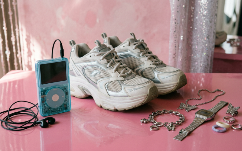 Retro early 2000s objects including a translucent music player and chunky sneakers on a glossy pink surface