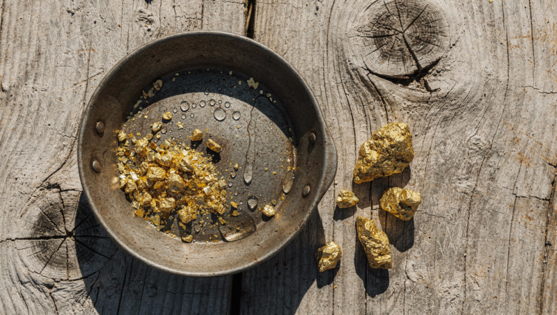 Big Brother 28 recap image of a prospecting pan holding gold flakes on sunlit weathered timber