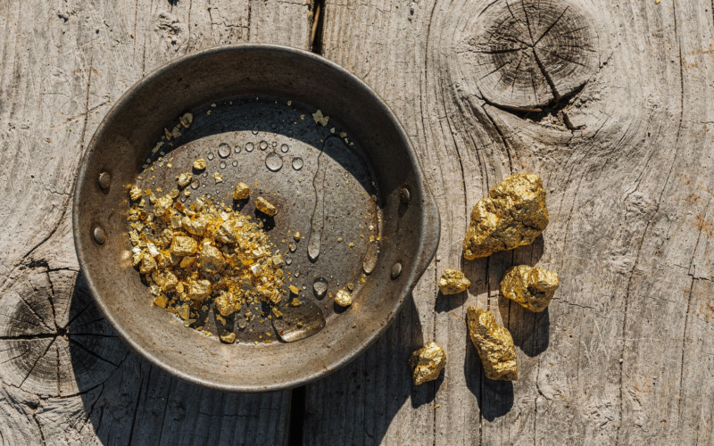 Big Brother 28 recap image of a prospecting pan holding gold flakes on sunlit weathered timber