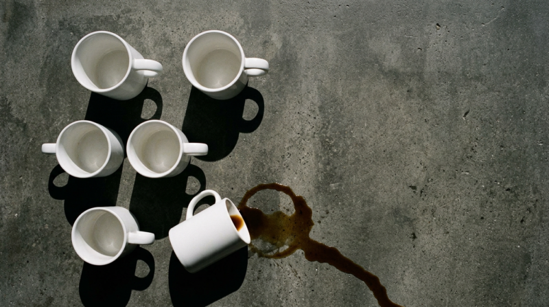 Big Brother 28 spoilers illustrated by three upright white mugs on concrete with a fourth tipped and spilling