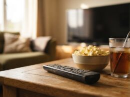 Big Brother 28 schedule night off shown by a remote, popcorn and soda on a coffee table with the television switched off