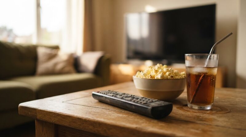 Big Brother 28 schedule night off shown by a remote, popcorn and soda on a coffee table with the television switched off