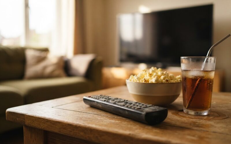 Big Brother 28 schedule night off shown by a remote, popcorn and soda on a coffee table with the television switched off